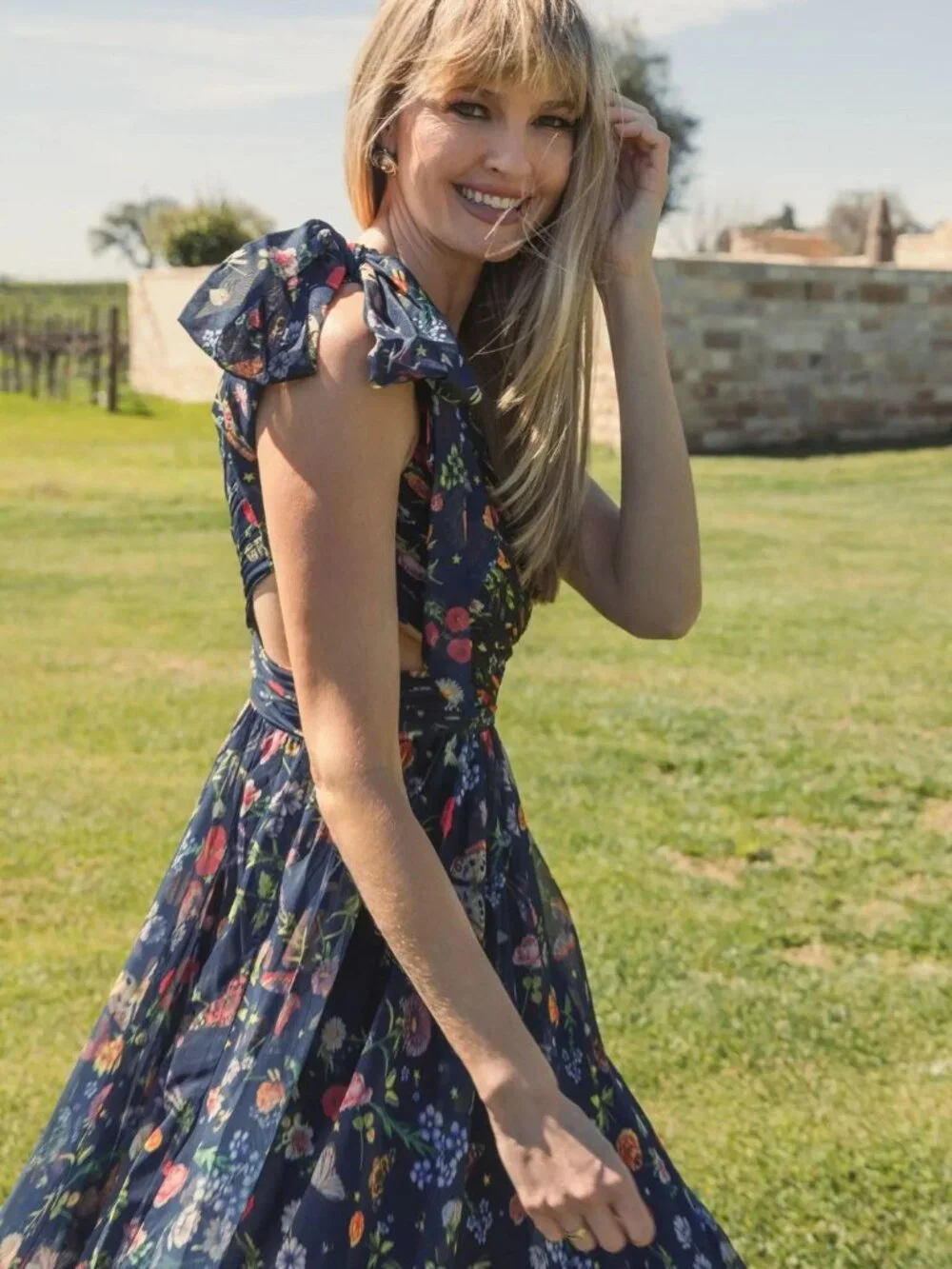 MAC DUGGAL Size 0 Navy 67938 Floral Tied One Shoulder Cut-Out Flowy Gown Dress - Picture 5 of 14